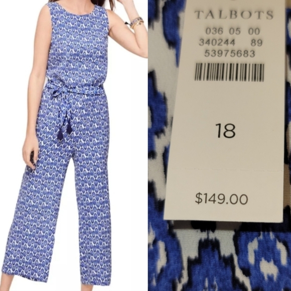 Talbots Wide Leg Pant / Jumpsuit One Piece Boho Italian Tile Pattern‎ Blue White - Picture 1 of 14